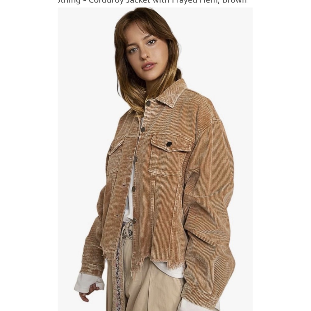 POL- Corduroy Jacket Frayed Hem Short Brown Women's Small